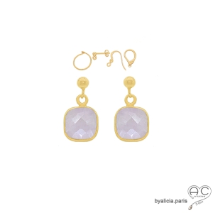 boucles d'oreilles en quartz rose et plaqué or 3 microns, boucles femme pendantes en pierre naturelle fait main en France