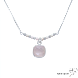 collier en quartz rose et opale rose, argent massif 925,  ras de cou femme en pierre naturelle fait main en France