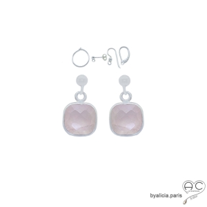boucles d'oreilles en quartz rose et argent massif 925, boucles femme pendantes en pierre naturelle femme fait main en France