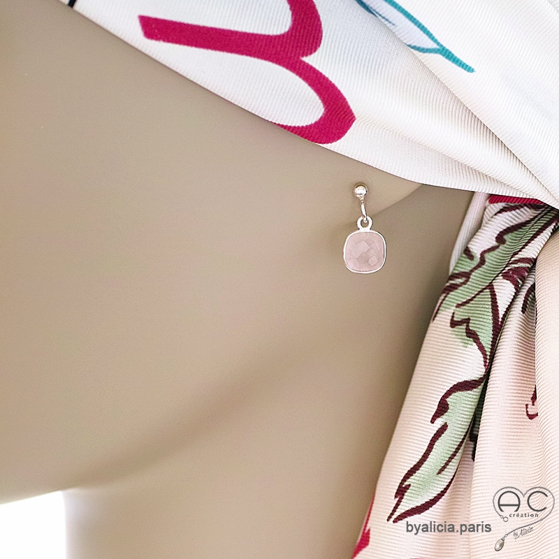 Boucles d'oreilles quartz rose et argent massif 925, pierre naturelle, pendantes, création by Alicia Boucles d'oreilles quartz rose et argent massif 925, pierre naturelle, pendantes, création by Alicia