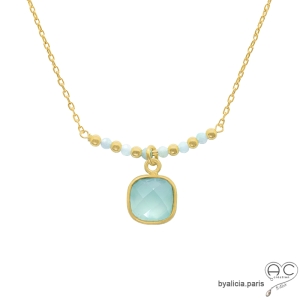 Collier calcédoine aqua entouré de petites amazonites sur une chaîne en plaqué or, ras de cou, fait main, création by Alicia