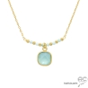 Collier calcédoine aqua entouré de petites amazonites sur une chaîne en plaqué or, ras de cou, fait main, création by Alicia