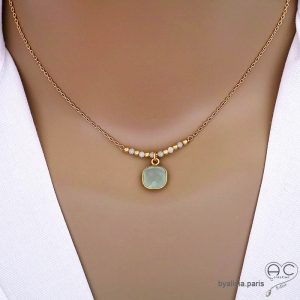 collier en calcédoine et amazonite, plaqué or 3 microns, ras de cou femme en  pierre naturelle fait main en France