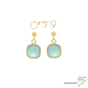 Boucles d'oreilles calcédoine aqua et plaqué or, pierre naturelle verte, fait main, création by Alicia