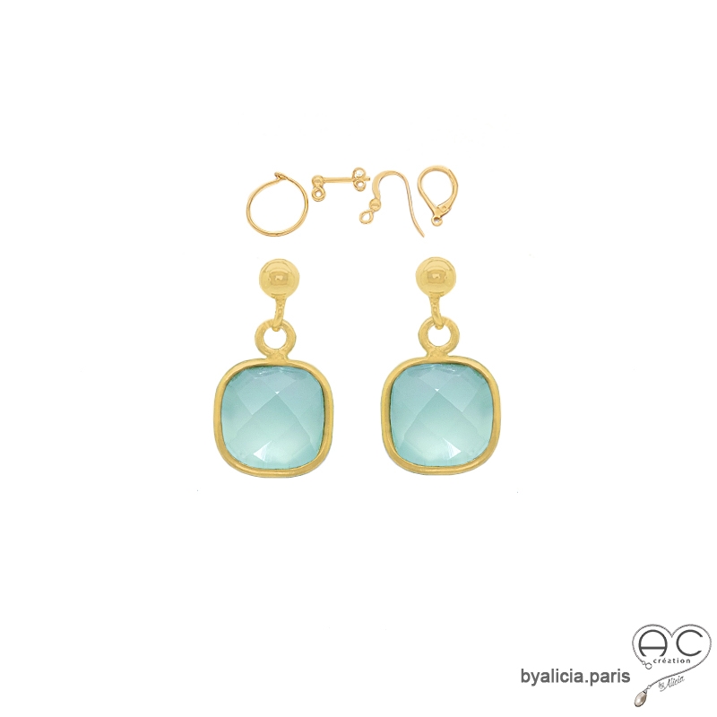 Boucles d'oreilles calcédoine aqua et plaqué or, pierre naturelle verte, fait main, création by Alicia