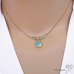 collier en amazonite et turquoise, plaqué or 3 microns, ras de cou femme en pierre naturelle plaqué or, fait main en France