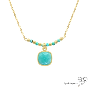Collier amazonite entouré des petites turquoises sur une chaîne en plaqué or, ras de cou, fait main, création by Alicia