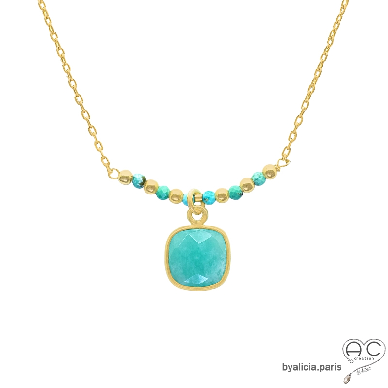 Collier amazonite entouré des petites turquoises sur une chaîne en plaqué or, ras de cou, fait main, création by Alicia Collier amazonite entouré des petites turquoises sur une chaîne en plaqué or, ras de cou, fait main, création by Alicia