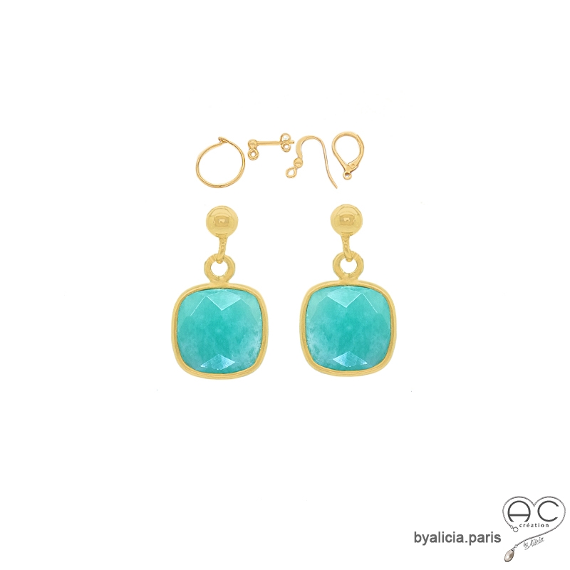Boucles d'oreilles amazonite et plaqué or, pierre naturelle, pendantes, création by Alicia