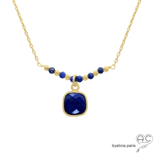 Collier lapis lazuli entouré de petites lapis lazuli sur une chaîne en plaqué or, ras de cou, fait main, création by Alicia