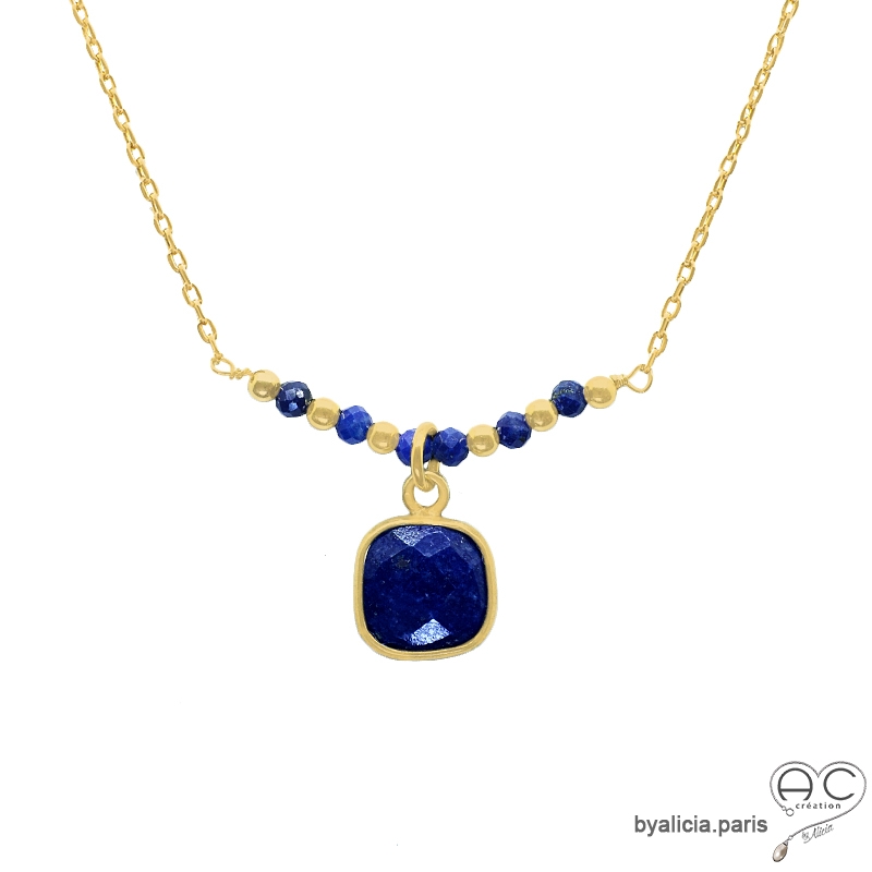 Collier lapis lazuli entouré de petites lapis lazuli sur une chaîne en plaqué or, ras de cou, fait main, création by Alicia