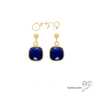 Boucles d'oreilles lapis lazuli et plaqué or, pierre naturelle bleue, pendantes, création by Alicia
