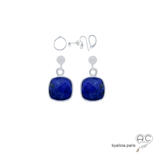 Boucles d'oreilles lapis lazuli carré, pierre naturelle et argent 925, pendantes, création by Alicia