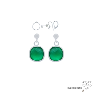 boucles d'oreilles en agate verte et argent massif 925, boucles femme pendantes en pierre naturelle fait main en France