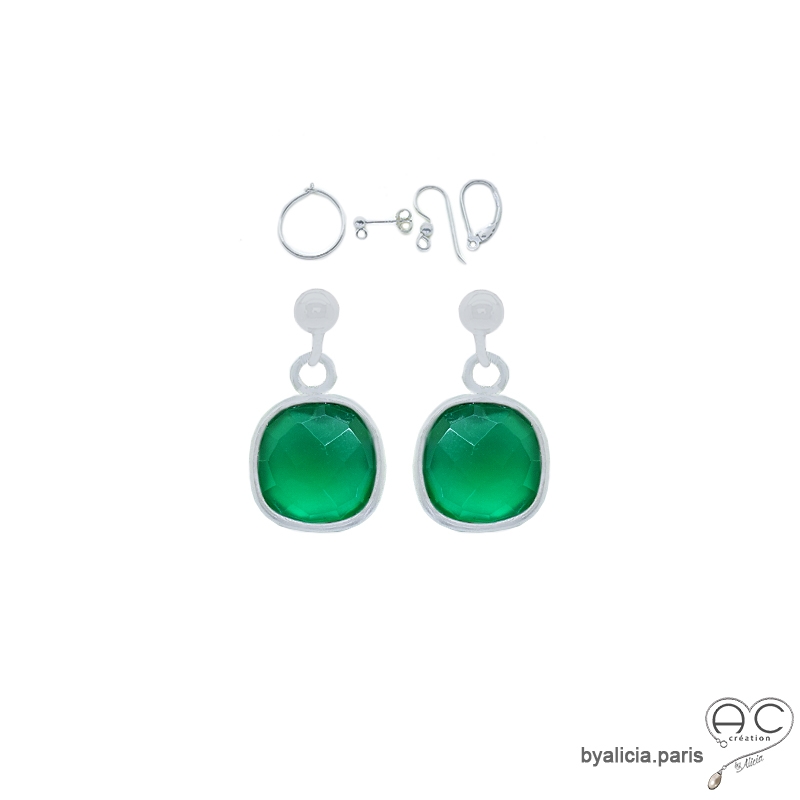 boucles d'oreilles en agate verte et argent massif 925, boucles femme pendantes en pierre naturelle fait main en France boucles d'oreilles en agate verte et argent massif 925, boucles femme pendantes en pierre naturelle fait main en France