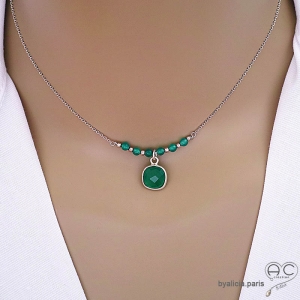 Collier ras de cou agate verte entouré des petites pierres sur une chaîne en argent massif fait main création by Alicia