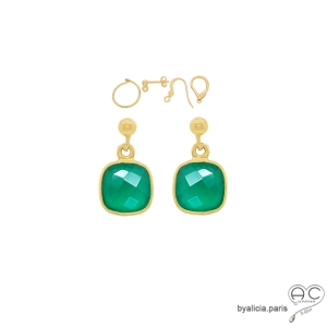 Boucles d'oreilles agate verte carré, pierre naturelle et plaqué or, fait main, création by Alicia