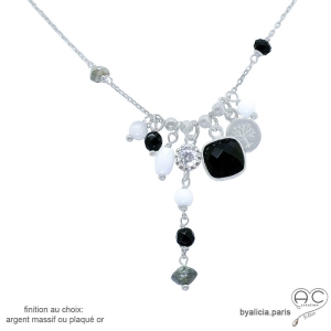collier onyx noire naturelle en argent massif 925, bijou fait main sur mesure en France