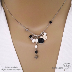 Collier onyx noire et argent massif 925, bijou artisanal fait main en France, création by Alicia