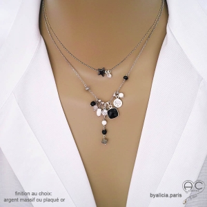 collier noir femme artisanal en agate noire et argent réalisé à la main en France