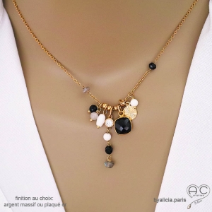 collier onyx noire naturelle en plaqué or, bijou fait main sur mesure en France