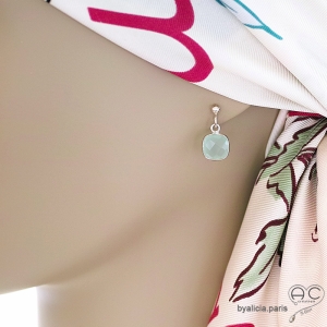 Boucles d'oreilles calcédoine aqua et argent, pierre naturelle, pendantes, fait main en France