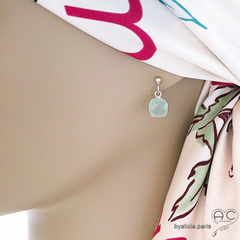 Boucles d'oreilles calcédoine aqua et argent, pierre naturelle, pendantes, fait main en France