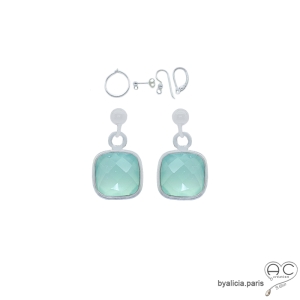 Boucles d'oreilles calcédoine aqua et argent, pierre naturelle, pendantes, fait main sur mesure