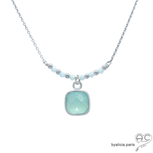 collier vert claire femme en pierre naturelle calcédoine et argent 925 fait main en France
