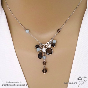 collier quartz fumé naturelle en argent massif 925, bijou fait main sur mesure en France