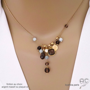 collier quartz fumé naturelle en plaqué or 3 microns, bijou fait main sur mesure en France