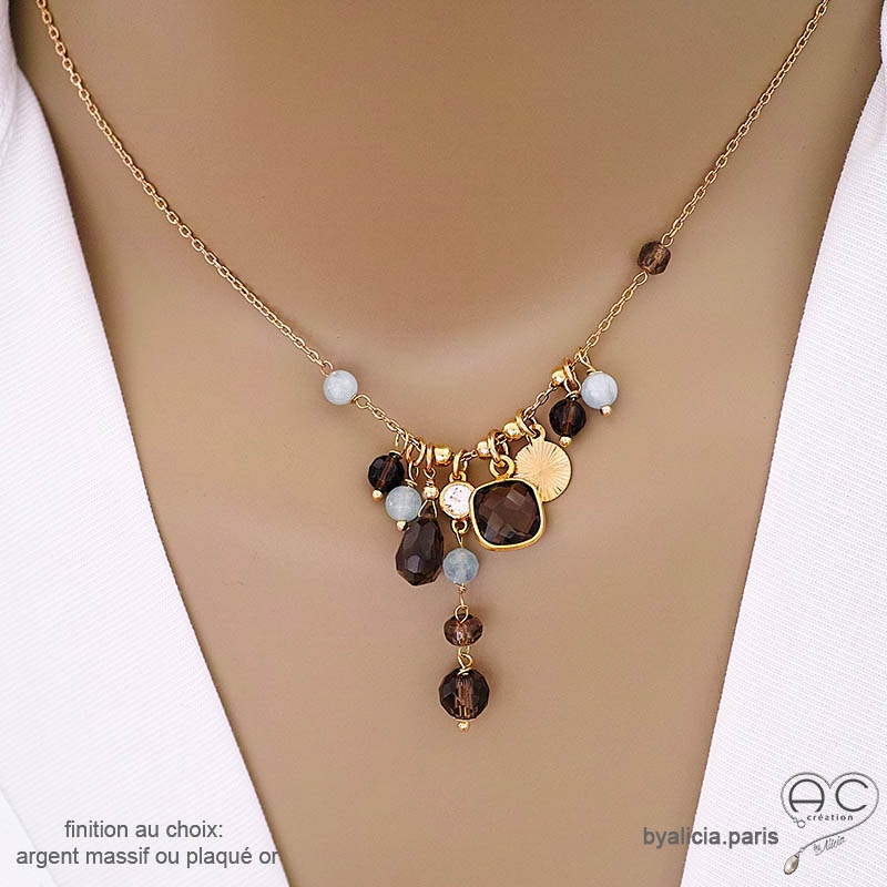 collier quartz fumé naturelle en plaqué or 3 microns, bijou fait main sur mesure en France