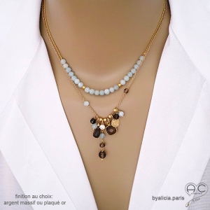 collier marron femme artisanal en quartz fumé et plaqué or réalisé à la main en France