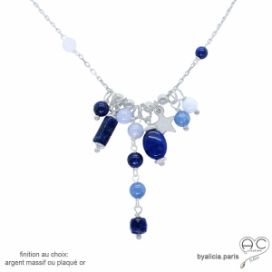 Collier breloques pierres naturelles bleues en argent massif – Lapis lazuli et calcédoine bleue – By Alicia Paris