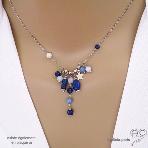 Collier breloques en lapis-lazuli et argent massif 925, bijou artisanal fait main en France, création by Alicia