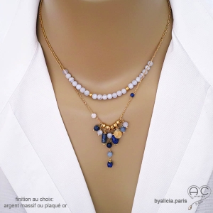 bijoux créateur collier bleu femme en plaqué or et lapis-lazuli fait sur mesure à la main