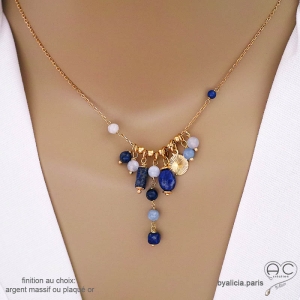 Collier breloques en lapis-lazuli et plaqué or, bijou artisanal fait main en France, création by Alicia