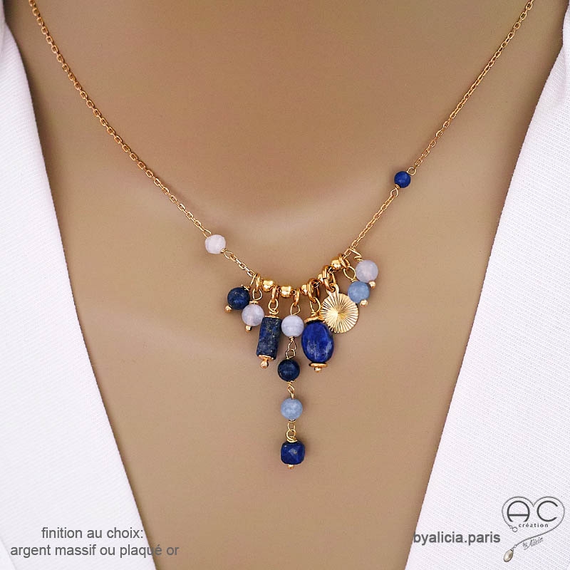 Collier breloques en lapis-lazuli et plaqué or, bijou artisanal fait main en France, création by Alicia