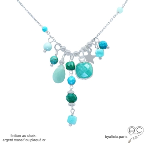 Collier breloques pierres naturelles vert bleu en argent massif – amazonite et turquoise – By Alicia Paris