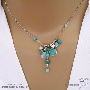 Collier artisanal en amazonite naturelle turquoise et vert d’eau, finition argent massif, By Alicia Paris
