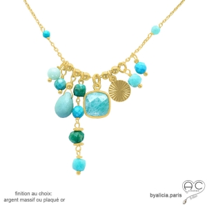 Collier breloques pierres naturelles bleu vert en plaqué or – amazonite et turquoise – By Alicia Paris