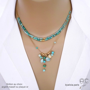 Collier artisanal en amazonite naturelle turquoise et vert d’eau, finition plaqué or, fait sur mesure à la main