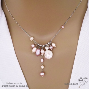 Collier artisanal en perles d'eau douce naturelles blanc et rose, finition argent massif, By Alicia Paris
