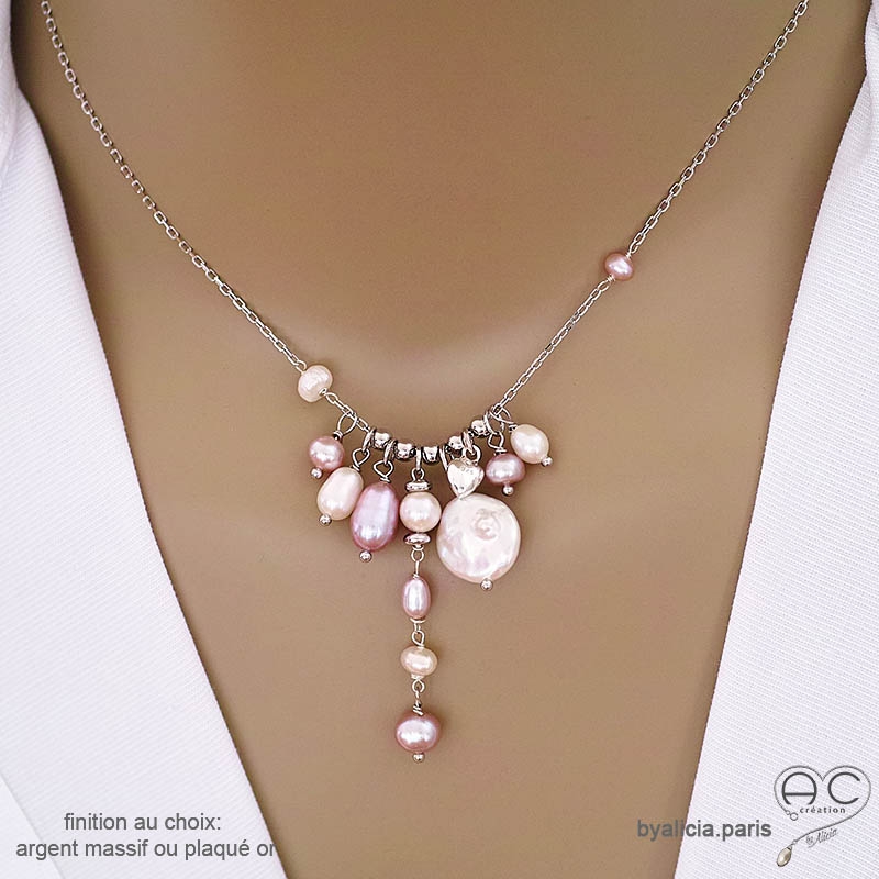 Collier artisanal en perles d'eau douce naturelles blanc et rose, finition argent massif, By Alicia Paris