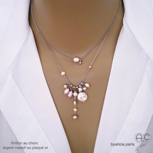 Collier breloques en perles naturelles et argent massif 925, bijou artisanal fait main en France, création by Alicia