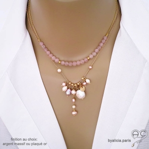 Collier breloques en perles naturelles et plaqué or 3 microns, bijou artisanal fait main en France, création by Alicia