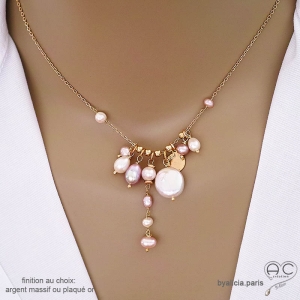 Collier artisanal en perles d'eau douce naturelles blanc et rose, finition plaqué or, By Alicia Paris