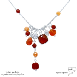 collier cornaline naturelle en argent massif 925, bijou fait main sur mesure en France