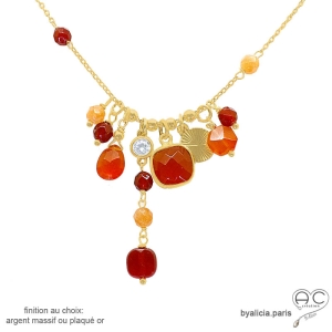 collier cornaline naturelle en plaqué or, bijou fait main sur mesure en France