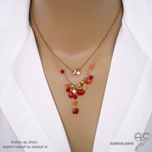 collier orange femme artisanal en cornaline et plaqué or réalisé à la main en France